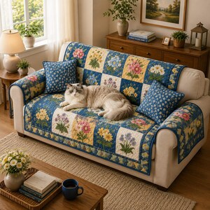 Puede incluir: Una funda de sofá patchwork floral en azul, amarillo y rosa, con cojines a juego. La funda presenta varios diseños de flores. Un gato está acostado en el sofá. El sofá está en un salón luminoso.
