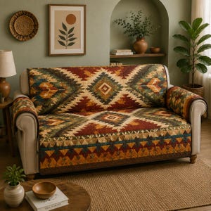 May include: A beige sofa with a colorful, geometric patterned cover. The cover features a mix of red, green, yellow, and brown diamond and triangle shapes. The sofa is in a room with a painting and a plant.