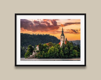 Lake Bled Slovenia Print, Church Island Sunset Photo, Storm Break Wall Art, Home Decor