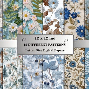 Embroidered Winter Seamless Patterns: Blue Floral Digital Paper Pack with Textured Stitch Detail