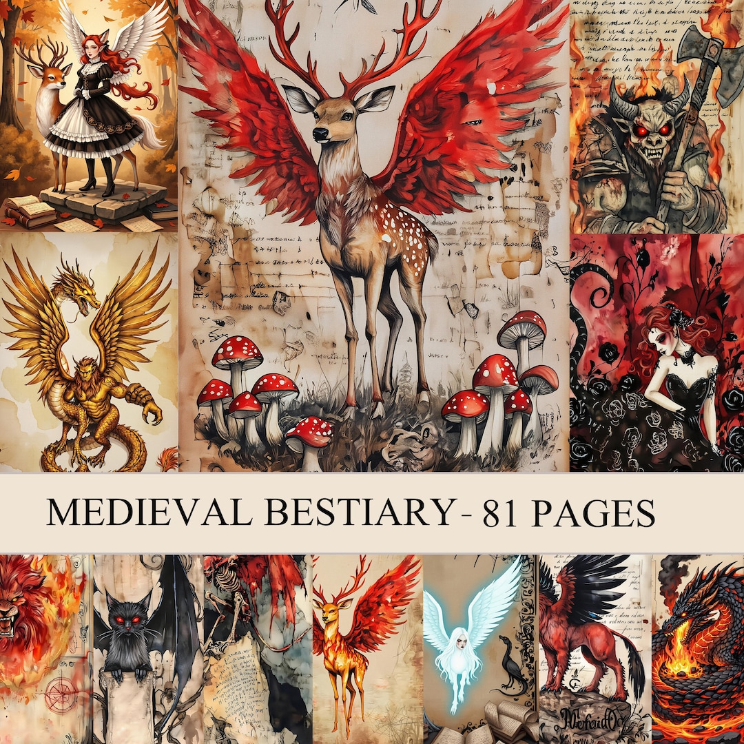 Medieval Scarlet Bestiary Junk Journal Pages, Digital Paper, Scrapbook ...