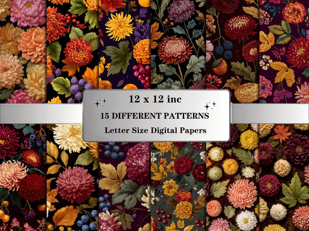 Embroidered Flowers Seamless Patterns: Fall Floral Digital Paper Pack ...