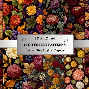 Patrones sin costuras de flores bordadas: Paquete de papel digital floral otoñal con cálida textura de puntada
