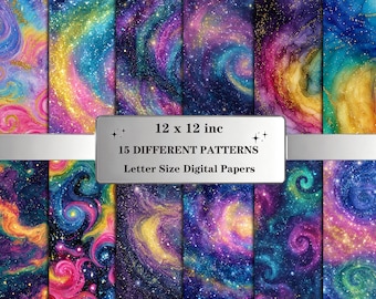 Cosmic Vortex Pattern: Galaxy Watercolor Digital Paper Package with Abstract Nebula