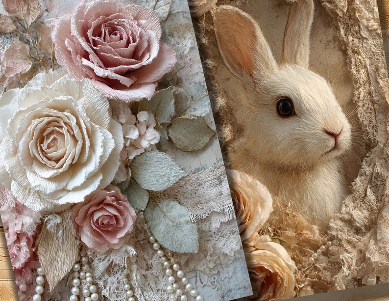 Shabby Chic Bunny Junk Journal Pages: Soft Vintage Papers With Lace and ...