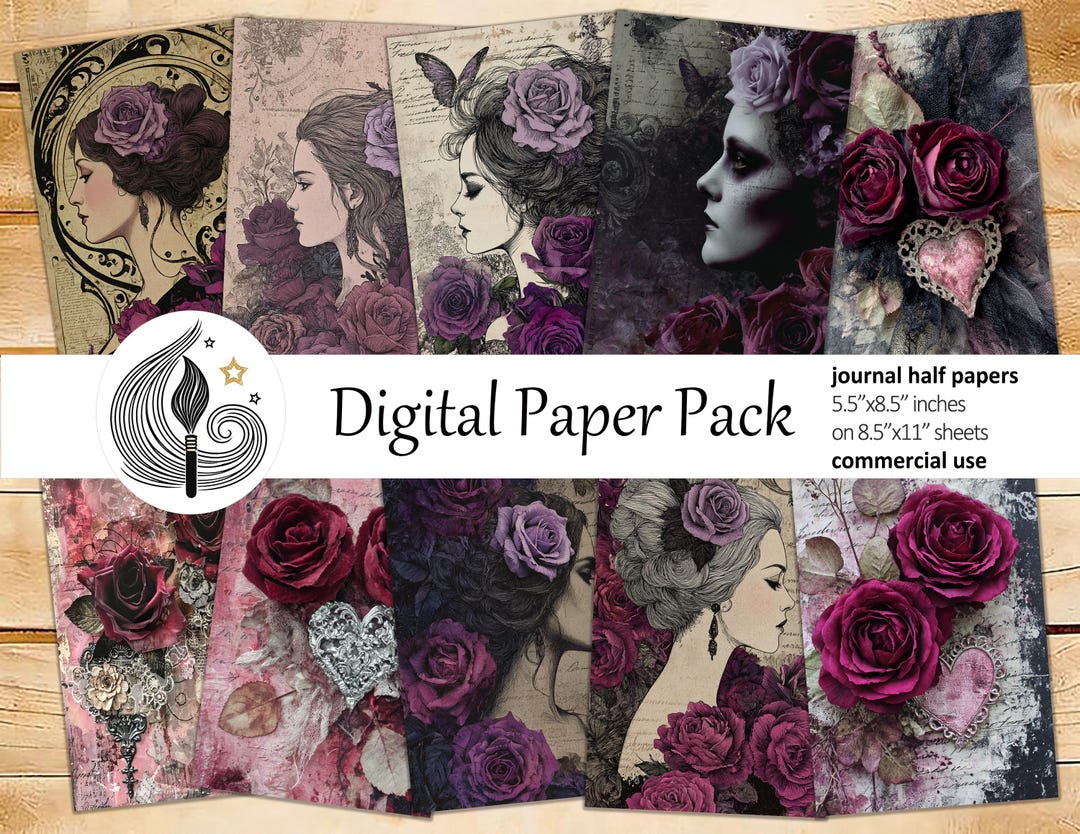 Gothic Roses Junk Journal Pages: Dark Papers With Vintage Florals and ...
