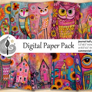 May include: A digital paper pack with vibrant illustrations of owls and houses set against floral and abstract backgrounds. The pack includes journal half papers, 14cm x 21.6cm on 21.6cm x 28cm sheets for commercial use. The artwork uses pinks, blues, and yellows.
