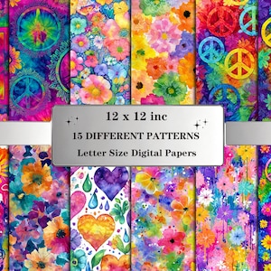 Hippie  Patterns: Colorful Boho Digital Paper Pack with Retro Flowers & Tie-Dye