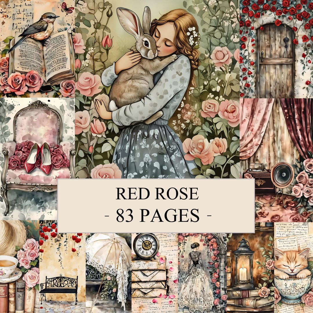 Shabby Chic Red Rose Junk Journal Kit, Shabby Chic Papers, Floral Junk ...