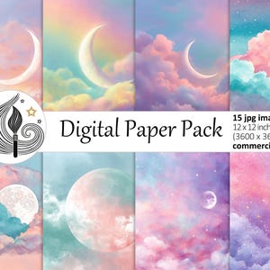 May include: Digital paper pack featuring dreamy watercolor illustrations of moons, clouds, and stars in pastel colors. The pack includes 15 JPG images, each 12 x 12 inches (3600 x 3600 px) for commercial use.