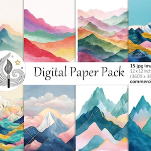 Può includere: Un pacchetto di carta digitale con paesaggi montani ad acquerello in vari colori. Le immagini misurano 30,48 x 30,48 cm (3600 x 3600 px) e sono per uso commerciale. Il pacchetto include 15 immagini JPG.