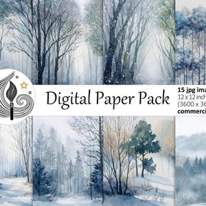 May include: Digital paper pack featuring watercolor illustrations of winter forest scenes. The images are 12 x 12 inches (3600 x 3600 px). The pack includes 15 JPG images with a snowy, misty, and atmospheric aesthetic.
