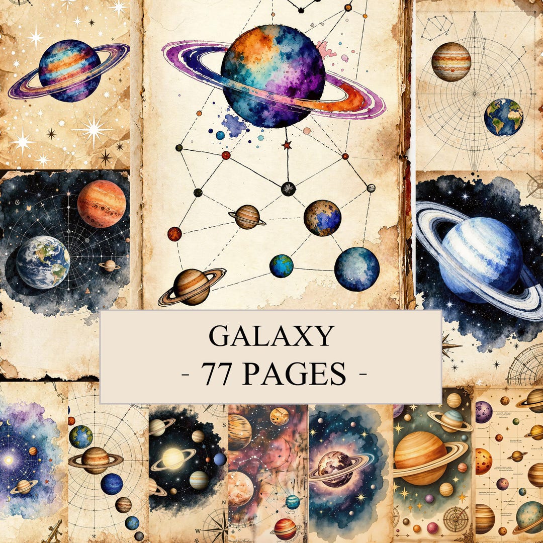 Galaxy Junk Journal Pages, Digital Scrapbook Paper Kit, Celestial ...