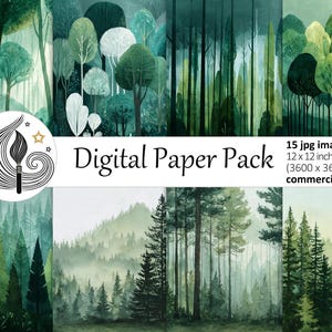 Forest Trees Digital Paper Pack: Watercolor Woodland Backgrounds in Emerald and Pine Tones