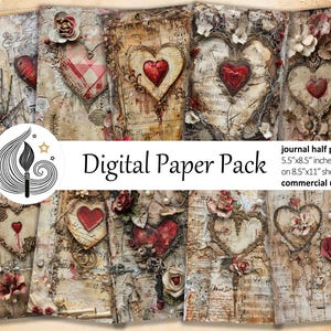 Op de afbeelding: Een digitaal papierpakket met hart- en bloemontwerpen. De ontwerpen bevatten verschillende texturen, zoals bladmuziek en verouderd papier. De tekst "Digital Paper Pack" is zichtbaar. Het papier is 14 x 21.6 cm groot.