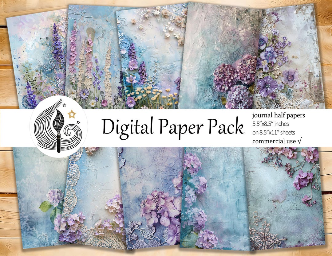 Hydrangea Junk Journal Pages: Soft Botanical Papers With Blue and ...
