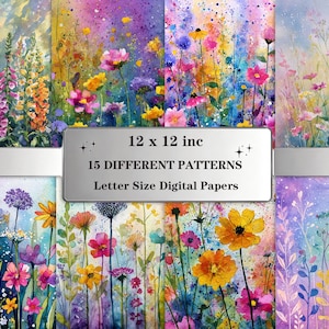 Op de afbeelding: Een verzameling digitale papieren met aquarel bloemmotieven. De papieren tonen een verscheidenheid aan kleurrijke wilde bloemen in roze, geel, paars en blauw. De tekst op de afbeelding luidt "12 x 12 inc" en "15 DIFFERENT PATTERNS Letter Size DIGITAL PAPERS."