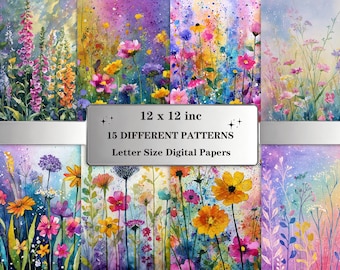 Wildflowers Digital Paper Pack: Watercolor Meadow Backgrounds in Bright Artistic Tones
