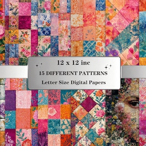 Könnte beinhalten: Ein lebendiges Patchwork-Design mit floralen Mustern in Rosa, Orange, Blau und Grün. Das Bild enthält Text, der die Abmessungen von 30,48 x 30,48 cm angibt, mit 15 verschiedenen Mustern als digitale Papiere im Letter-Format.