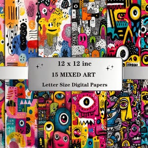 Abstrakt popkonst digitalt papperspaket: Färgglada blandade medier mönster bakgrunder