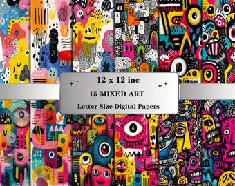 Abstract Pop Art Digital Paper Pack: Colorful Mixed Media Pattern Backgrounds