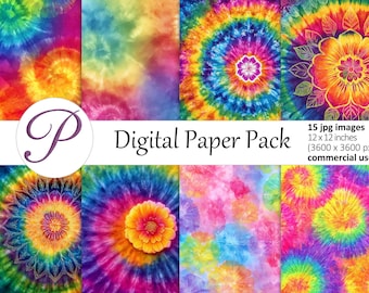 Hippie Tie-Dye Digital Paper Pack: Colorful Psychedelic Spiral Backgrounds