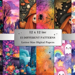 May include: A collection of 15 digital paper patterns with a Halloween theme. The designs include pumpkins, witches, spiders, and ghosts. The text on the image reads "12 x 12 inc" and "15 DIFFERENT PATTERNS Letter Size DIGITAL PAPERS".