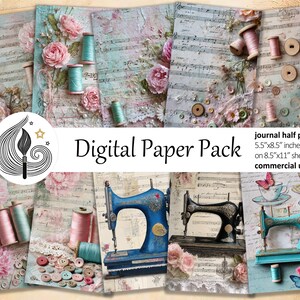 May include: A digital paper pack featuring a collage of vintage sewing elements. The design includes floral arrangements, musical notes, spools of thread, buttons, and antique sewing machines. The text "Digital Paper Pack" is displayed.