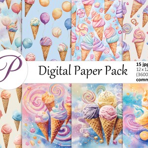 以下が含まれることがあります： パステルカラーのアイスクリームコーン、風船、ロリポップのイラストが描かれたデジタルペーパーパック。15枚のJPG画像が含まれており、各画像は30.48 x 30.48 cm (3600 x 3600 px)で、商用利用可能です。