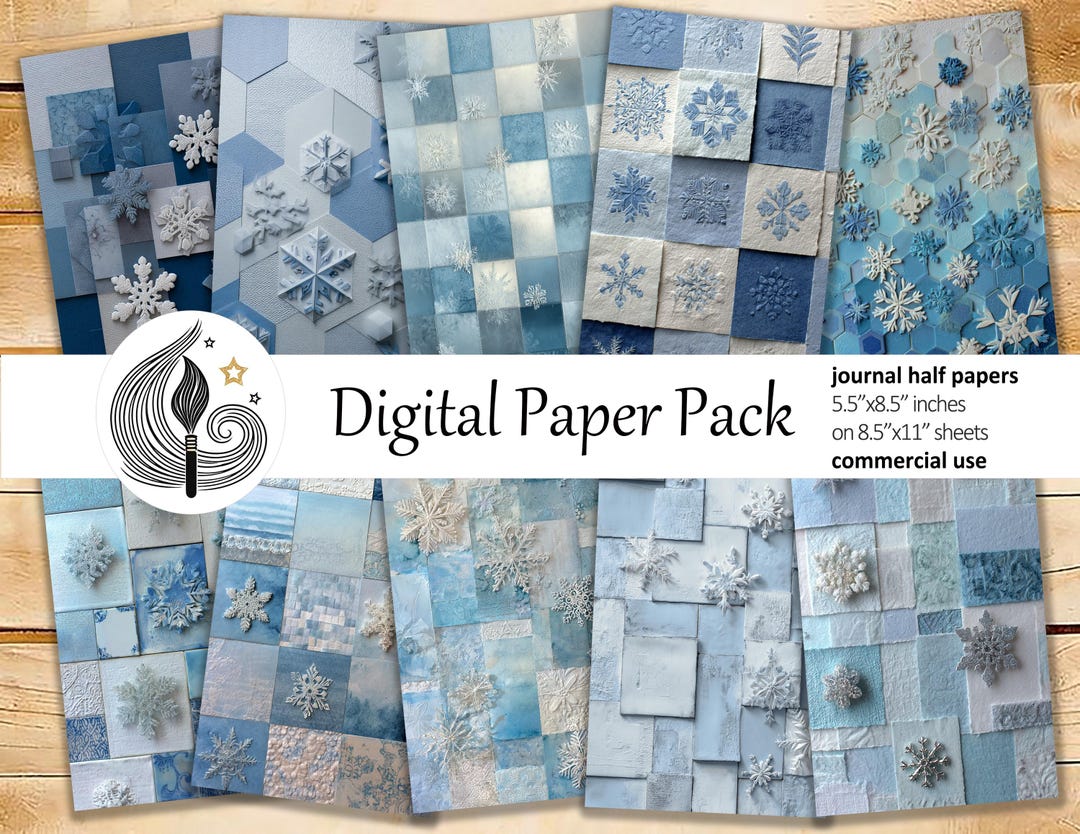 Snowflake Patchwork Junk Journal Pages: Winter Papers With Icy Blues ...