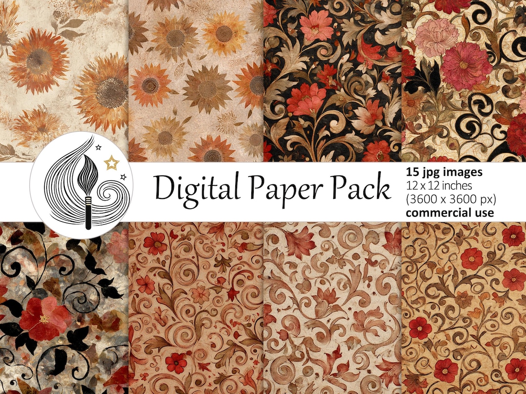 Retro Floral Digital Paper Pack: Vintage Flower Patterns in Warm Brown ...
