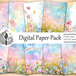 May include: A collection of digital paper sheets with watercolor floral and rainbow designs. The papers feature pastel colors, butterflies, and flowers. The text on the image reads "Digital Paper Pack" and "journal half papers 5.5"x8.5" inches on 8.5"x11" sheets commercial use ✓".
