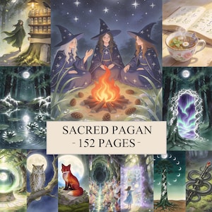 May include: An illustrated book cover with the title "Sacred Pagan - 152 Pages." The artwork features three witches around a campfire, surrounded by other mystical scenes including a forest, a fox, and an owl.