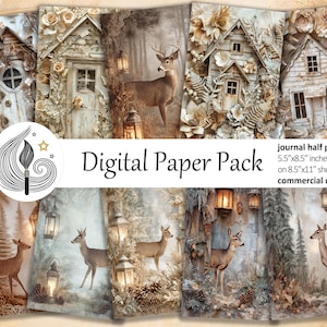 May include: A collection of digital paper packs featuring rustic cottage scenes with deer, lanterns, and floral accents. The papers are 5.5" x 8.5" inches on 8.5" x 11" sheets. The text "Digital Paper Pack" is displayed.