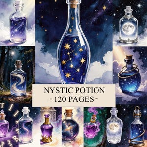 May include: A collection of mystical potion bottles with celestial designs. The bottles contain swirling galaxies, constellations, and a full moon. The text "NYSTIC POTION - 120 PAGES -" is displayed on a cream-colored banner.