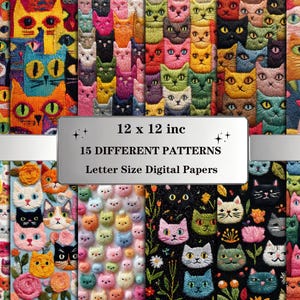 Embroidered Cat Digital Paper: Seamless Floral Kitten Pattern (Digital Download, 12x12in)