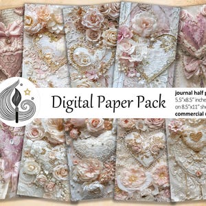 May include: A collection of digital paper packs with a romantic, vintage aesthetic. The designs feature floral arrangements, lace, pearls, and heart-shaped embellishments in soft pink, cream, and gold tones. Text on the image reads "Digital Paper Pack" and "journal half papers 5.5"x8.5" inches on 8.5"x11" sheets commercial use."