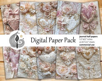 Romantic Junk Journal Pages: Shabby Papers with Hearts, Lace and Vintage Florals