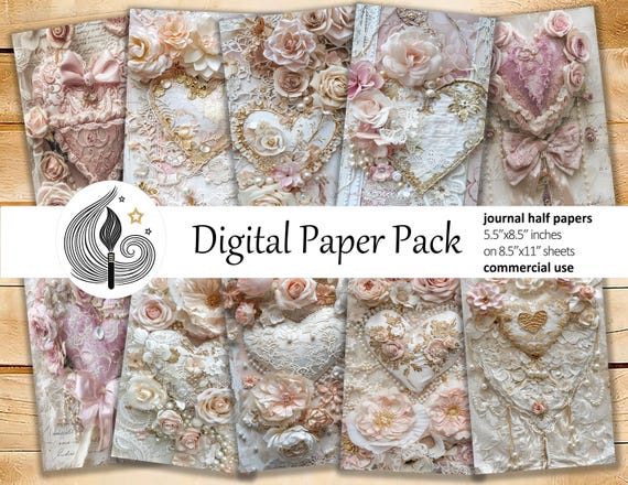 Romantic Junk Journal Pages: Shabby Papers with Hearts, Lace and Vintage Florals
