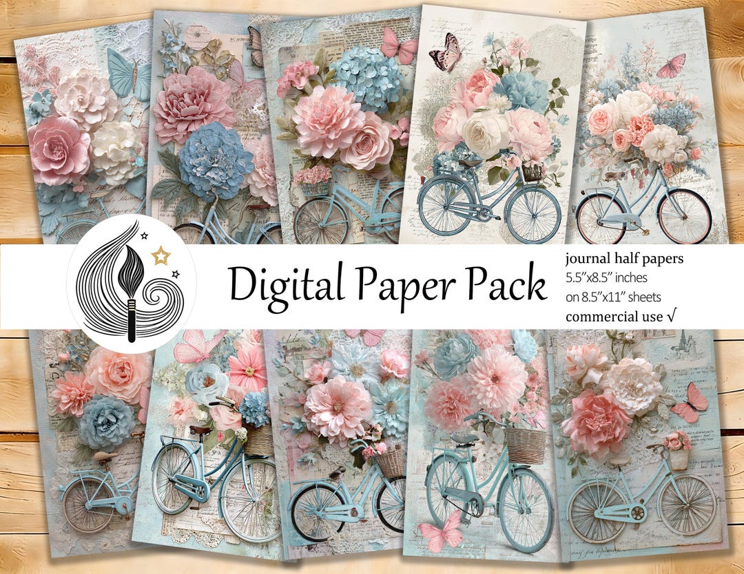 Shabby Chic Junk Journal Pages: Pastel Floral Papers With Bicycles and ...