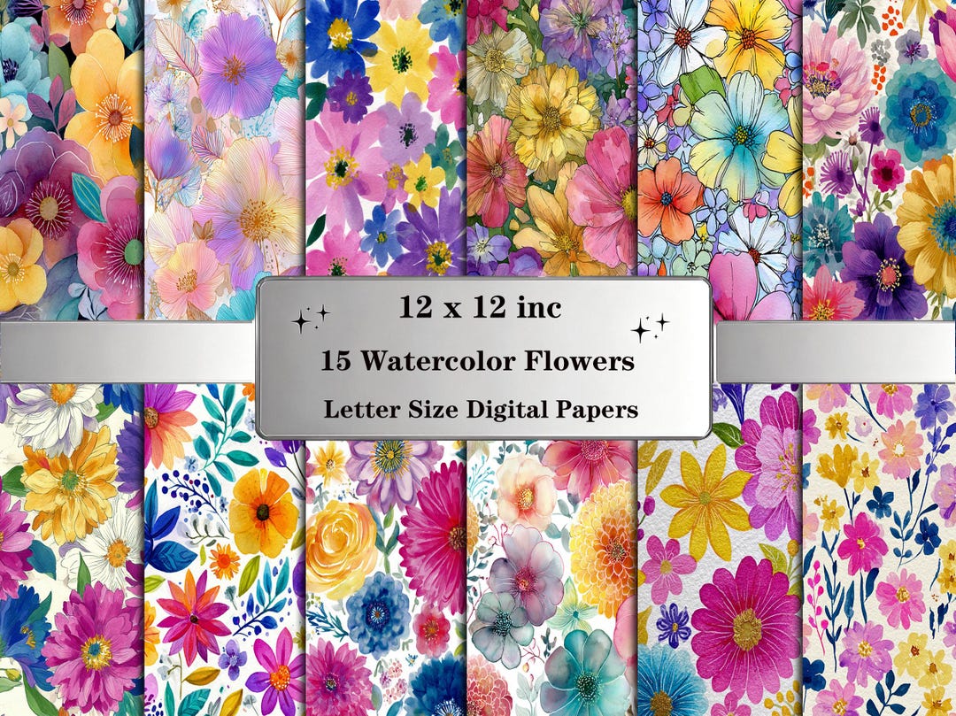Floral Seamless Patterns: Colorful Watercolor Flower Digital Paper Pack ...