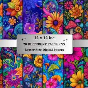 Psychedelic Mushroom Floral Digital Paper, Seamless Trippy Pattern (Digital Download 12x12in JPGs)