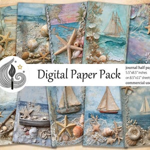 May include: A collection of digital paper packs with a nautical theme. The designs feature seashells, starfish, sailboats, and ocean waves in shades of blue, beige, and white. The text "Digital Paper Pack" is visible, along with the dimensions of the journal half papers: 5.5"x8.5" inches.