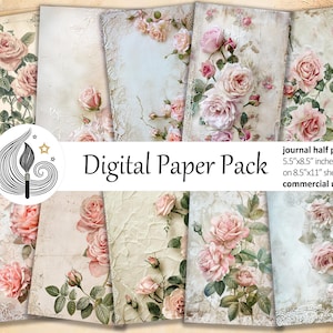 Puede incluir: Un paquete de papel digital con diseños de estilo vintage, que presenta rosas rosas y texturas envejecidas. El paquete incluye medias páginas de diario, cada una de 14 x 21,6 cm, en hojas de 21,6 x 28 cm. El texto "Digital Paper Pack" es visible.