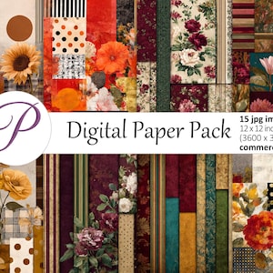 Könnte beinhalten: Ein digitales Papierpaket mit einer Collage aus floralen und gemusterten Designs in Rot-, Orange-, Grün- und Brauntönen. Das Paket enthält 15 Bilder, jeweils 30,48 cm x 30,48 cm (3600 x 3600 px), für den kommerziellen Gebrauch. Der Text "Digital Paper Pack" ist enthalten.