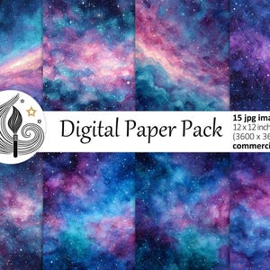 Pode incluir: Pacote de papel digital com 15 imagens JPG de um design de galáxia em aquarela. Cada imagem tem 30,48 x 30,48 cm (3600 x 3600 px). A paleta de cores inclui tons de azul, roxo e rosa, com efeito de estrelas. Uso comercial.