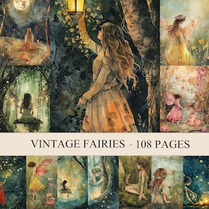 May include: A collection of watercolour illustrations depicting fairies in different scenes. The images show fairies with wings, wearing dresses, and interacting with nature. The text "VINTAGE FAIRIES - 108 PAGES" is displayed at the bottom.