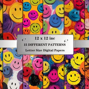 May include: A collection of digital papers featuring colorful smiley face patterns. The papers are in various colors, including pink, yellow, blue, and orange. The text on the image reads: 12 x 12 inc, 15 DIFFERENT PATTERNS, Letter Size Digital Papers.