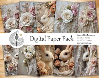 Shabby Chic Bunny Junk Journal Pages: Soft Vintage Papers with Lace and Florals