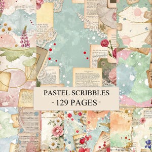 May include: A collage of pastel-coloured paper with floral and lace accents. The design includes torn paper, watercolour washes, and vintage book pages. The text "PASTEL SCRIBBLES - 129 PAGES -" is displayed on a cream-coloured rectangle.